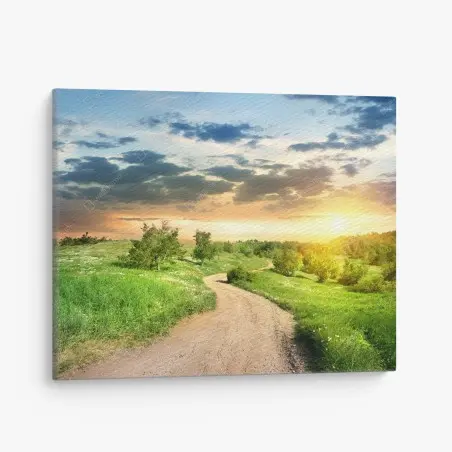 Leinwandbild sonnenuntergang über einem feldweg durch grüne wiese – Pixers®