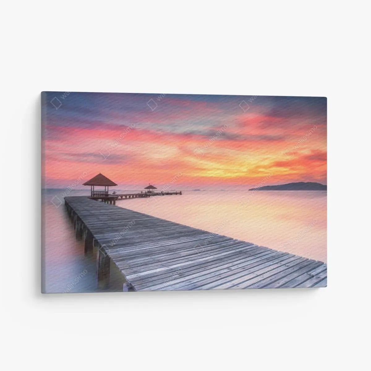 Leinwandbild ruhiger sonnenaufgang über hölzernem steg – Pixers®
