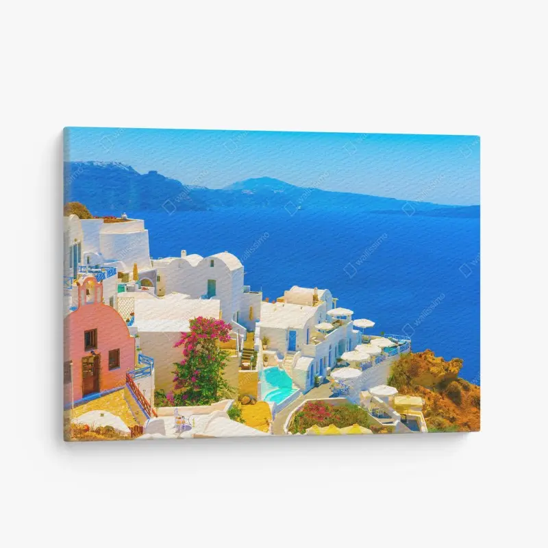 Leinwandbild sonniger blick auf Santorini mit weißen häusern und blauem meer