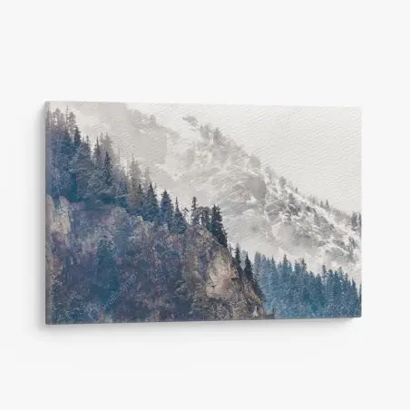 Leinwandbild nebliger berg mit felsklippe und kieferwald – Pixers®