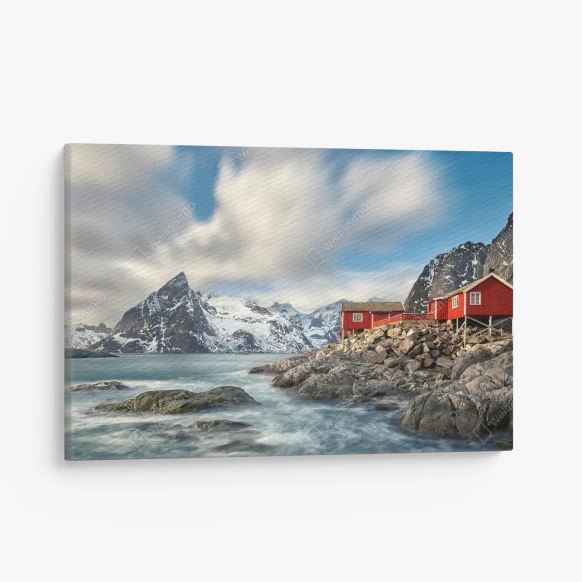 Leinwandbild rote hütten an verschneiten küstenbergen – Pixers®