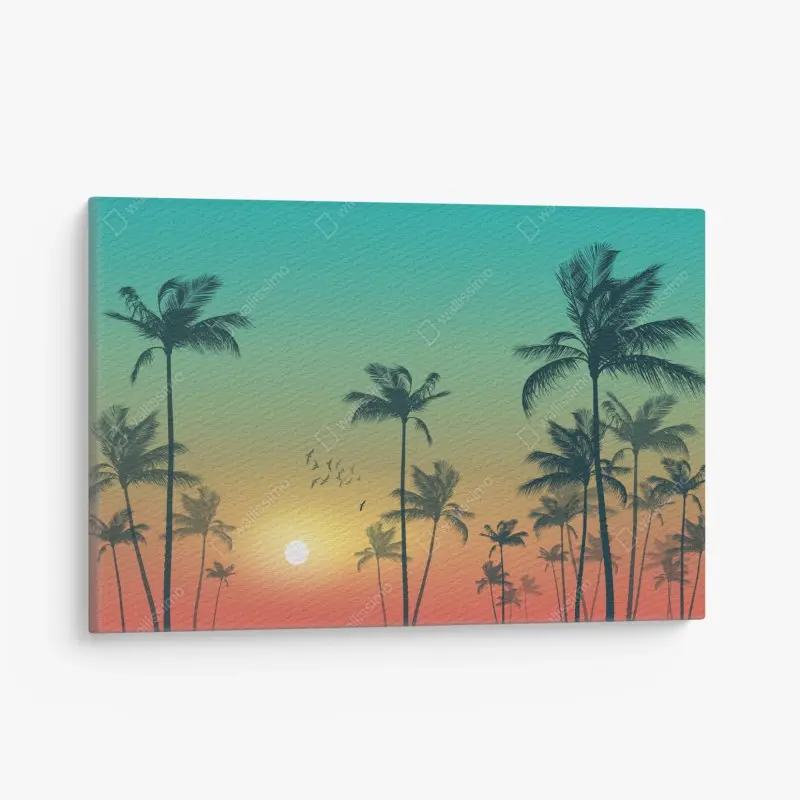 Leinwandbild tropischer sonnenuntergang mit palmensilhouetten