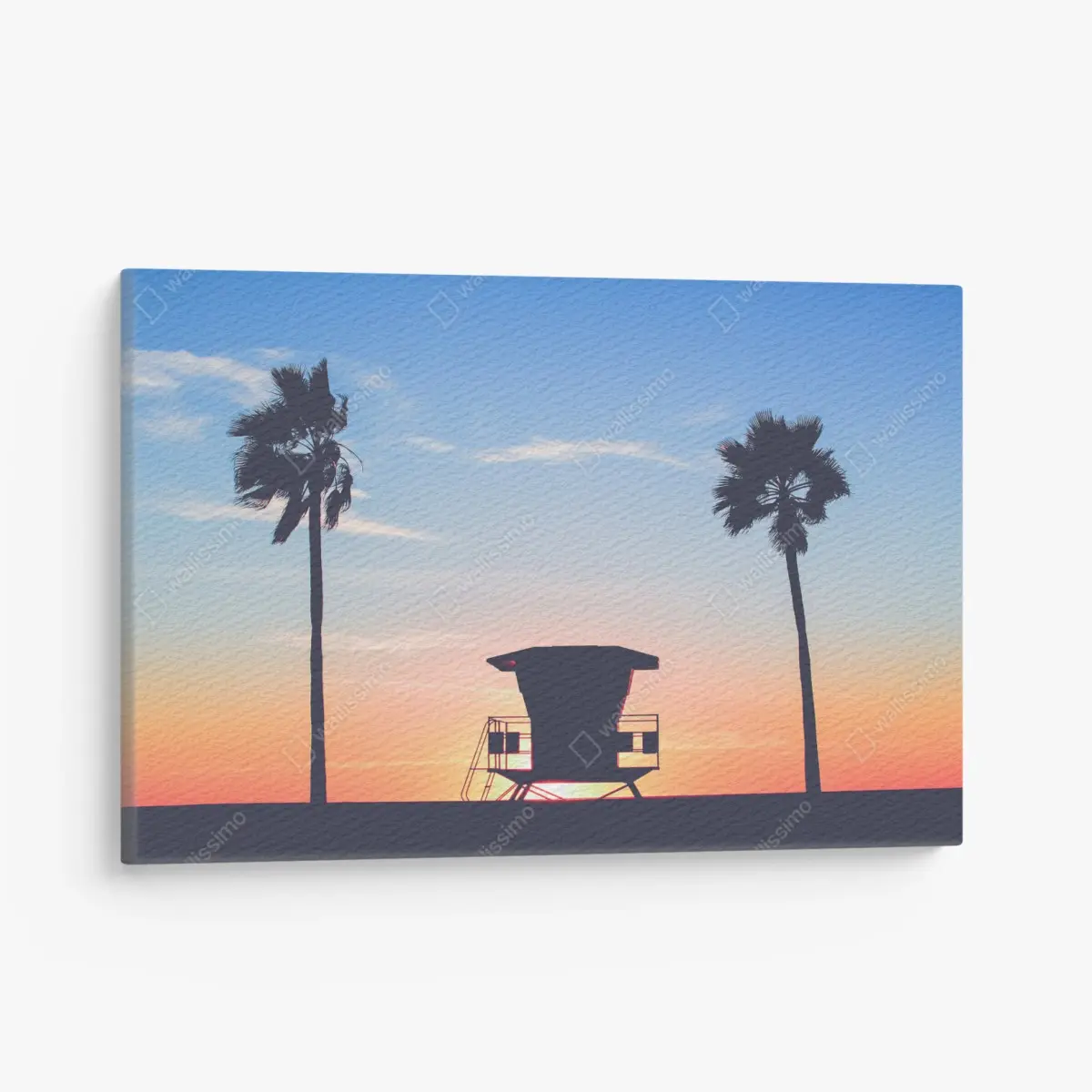 Leinwandbild sonnenuntergang am strand mit palmen und rettungsturm – Pixers®