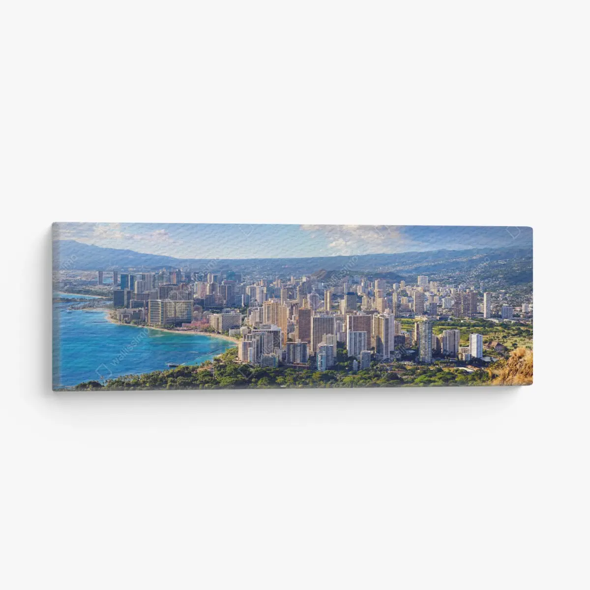 Leinwandbild panoramablick auf eine tropische küstenstadt – Pixers®