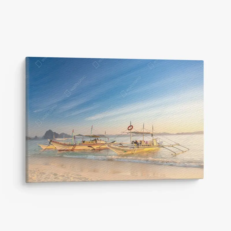 Leinwandbild tropischer strand bei sonnenuntergang mit booten