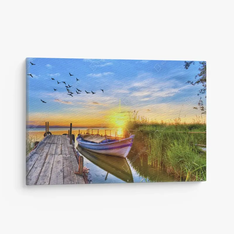 Leinwandbild sonnenuntergang am see mit boot am steg
