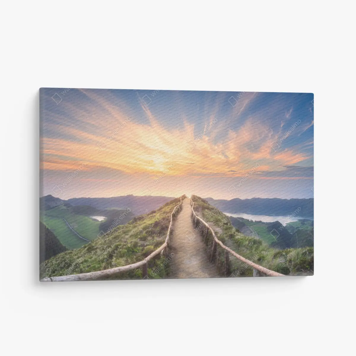 Leinwandbild sonnenuntergangspfad auf berggrat über see und tal – Pixers®