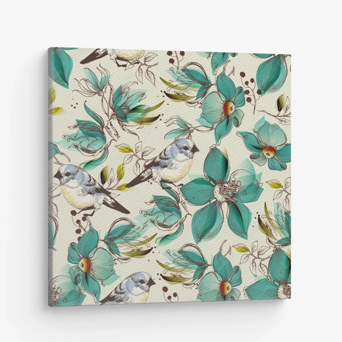 Leinwandbild retro türkis blumen- und vogelmuster – Pixers®