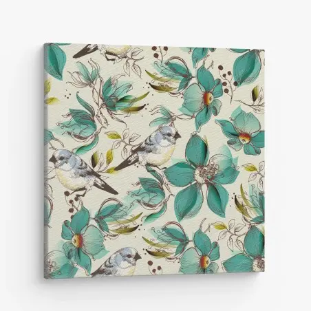Leinwandbild retro türkis blumen- und vogelmuster – Pixers®