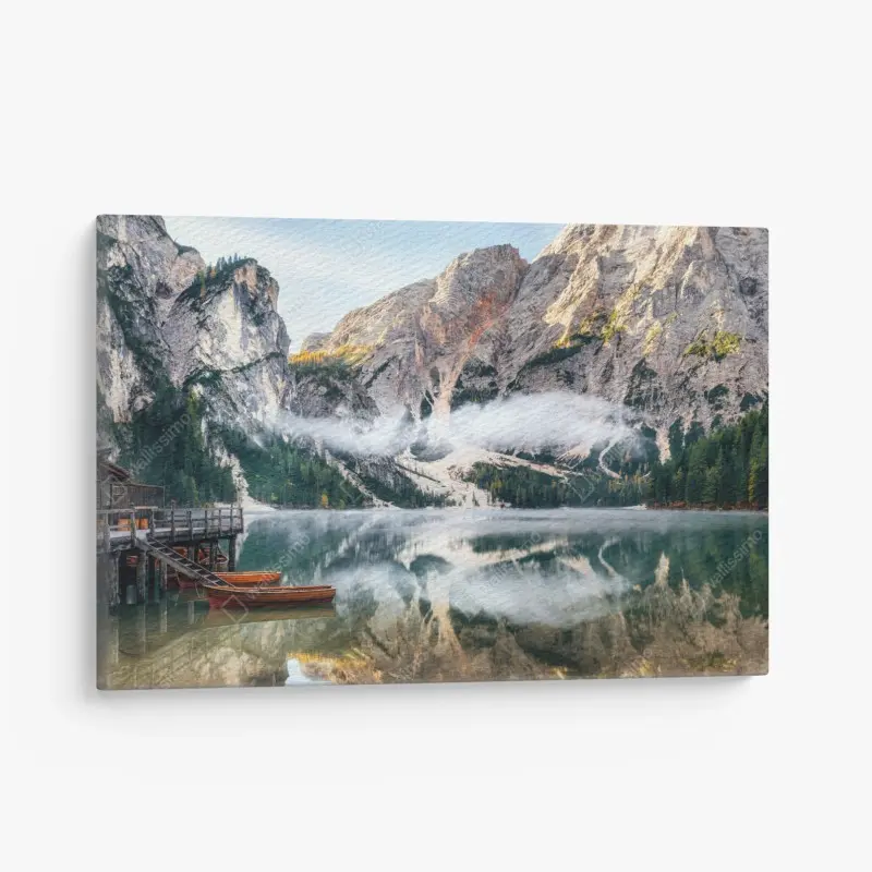 Leinwandbild nebliger alpensee mit spiegelung