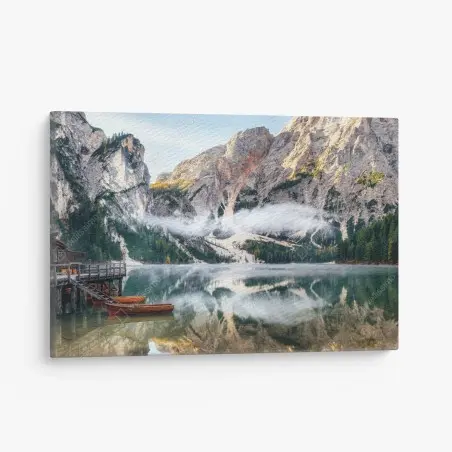 Leinwandbild nebliger alpensee mit spiegelung – Pixers®