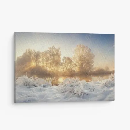Leinwandbild goldener wintersonnenaufgang über dem frostigen fluss – Pixers®