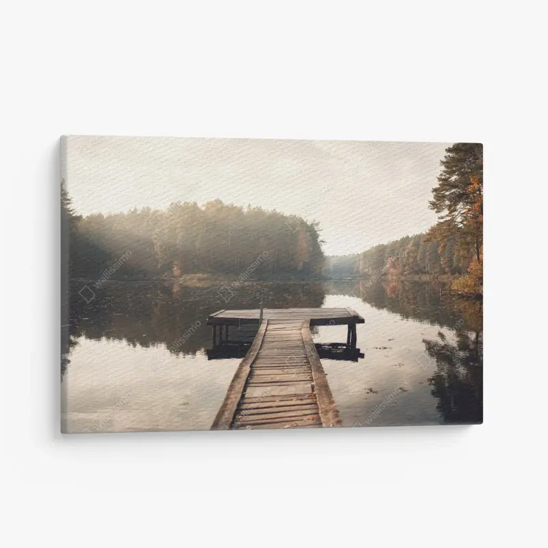Leinwandbild herbstmorgen am see mit hölzernem steg
