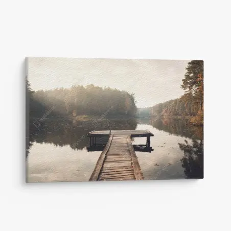 Leinwandbild herbstmorgen am see mit hölzernem steg – Pixers®