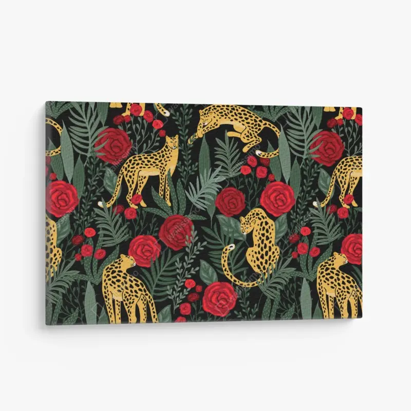 Leinwandbild goldene geparden und rote rosen muster