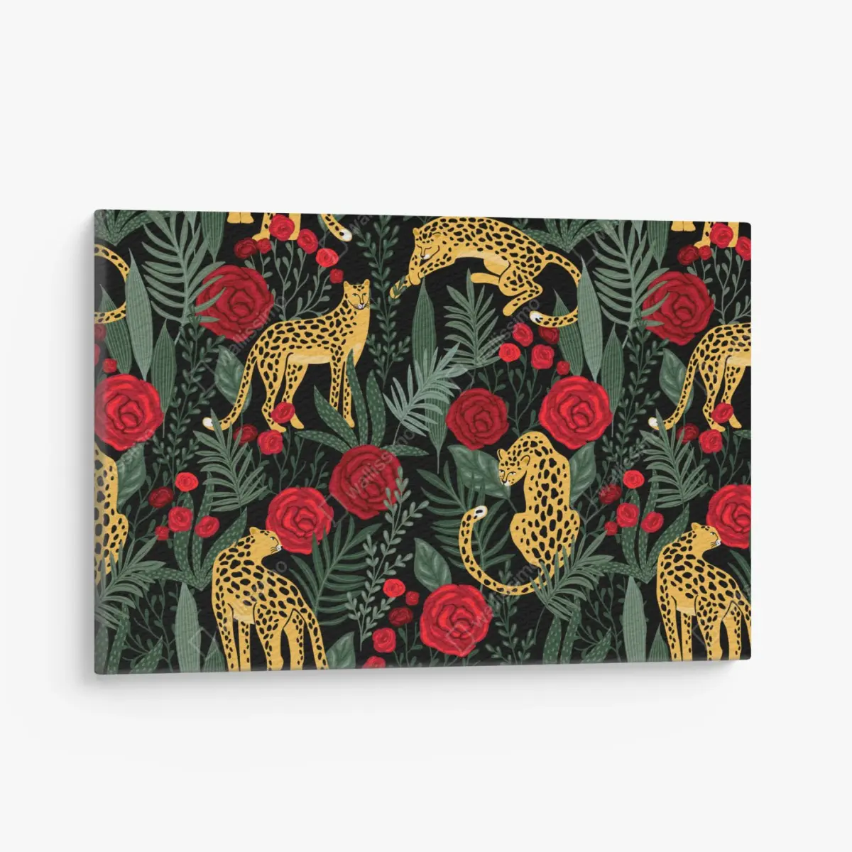 Leinwandbild goldene geparden und rote rosen muster – Pixers®