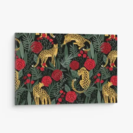 Leinwandbild goldene geparden und rote rosen muster – Pixers®