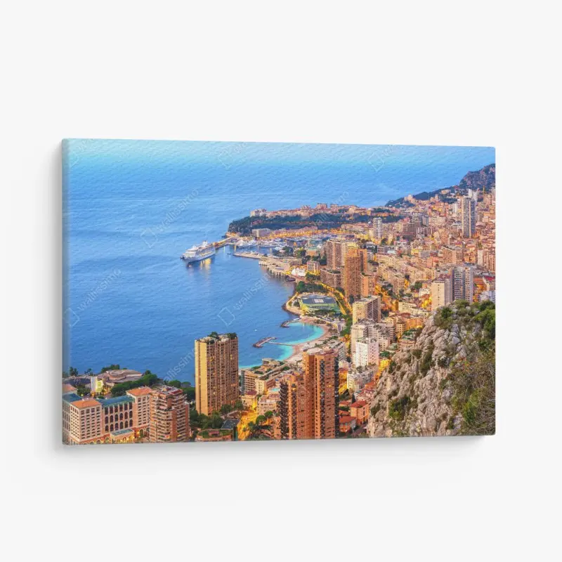 Leinwandbild Monaco küstenstadt panorama bei dämmerung