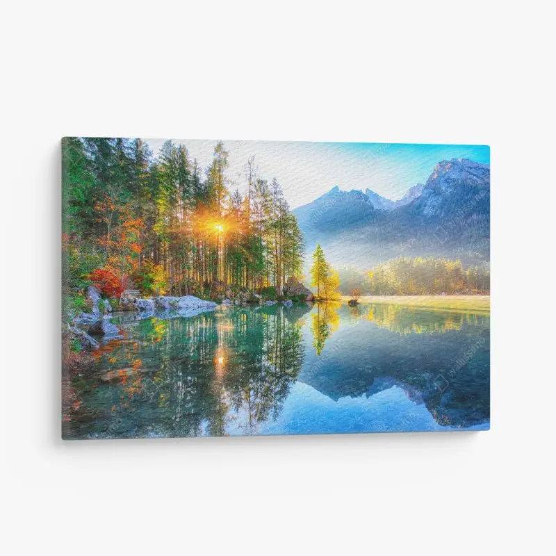 Leinwandbild Hintersee herbstlicher sonnenaufgang über dem türkisfarbenen see
