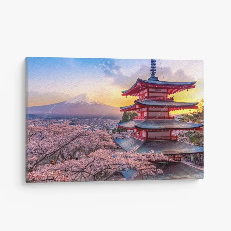 Leinwandbild sonnenuntergang über dem Fuji und der Chureito-Pagode