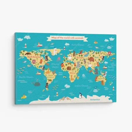 Leinwandbild verspielte weltkarte mit tieren – Pixers®