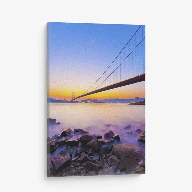 Leinwandbild goldener sonnenuntergang über hängebrücke