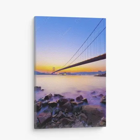 Leinwandbild goldener sonnenuntergang über hängebrücke – Pixers®