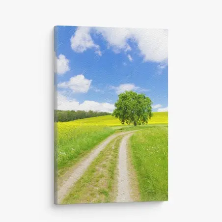 Leinwandbild sonniger feldweg mit einsamem baum – Pixers®