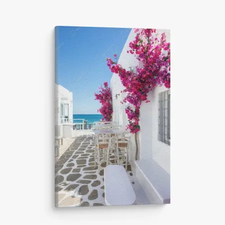 Leinwandbild sonnige mediterrane gasse mit bougainvillea – Pixers®