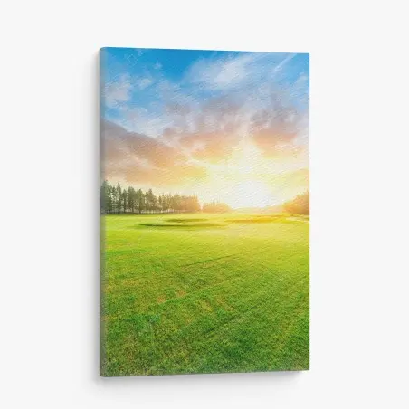 Leinwandbild sonnenbeschienene wiese und wald bei sonnenaufgang – Pixers®