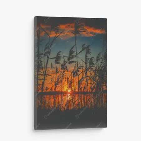 Leinwandbild sonnenuntergang am see mit schilf-silhouette – Pixers®