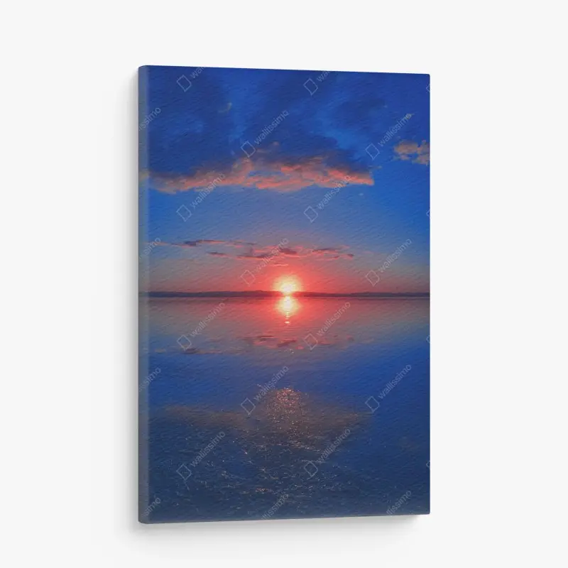 Leinwandbild sonnenuntergang über ruhigem meer mit lebendiger spiegelung