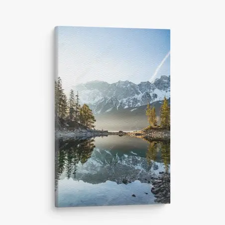 Leinwandbild bergsee spiegelung bei sonnenaufgang – Pixers®