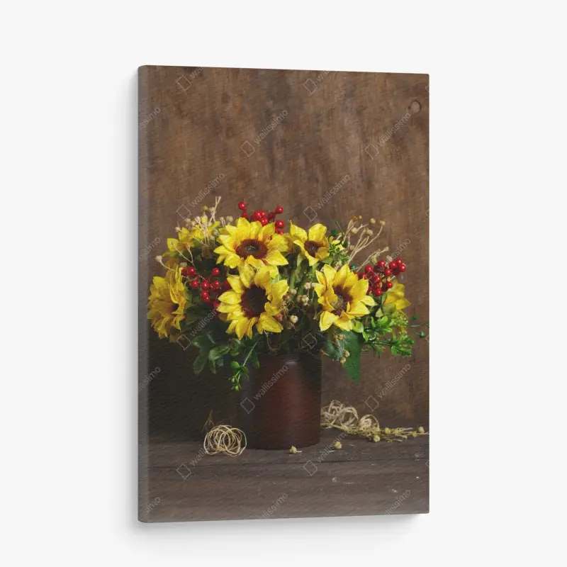 Leinwandbild herbstlicher sonnenblumenstrauß vor holzhintergrund