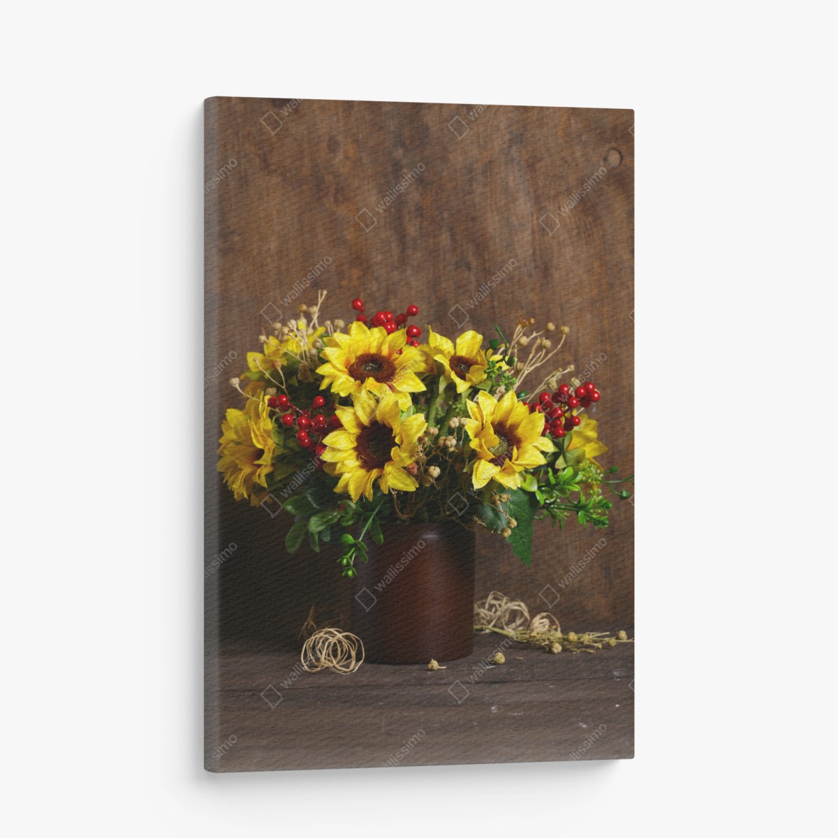 Leinwandbild herbstlicher sonnenblumenstrauß vor holzhintergrund – Pixers®