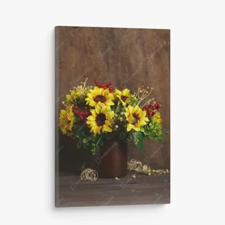 Leinwandbild herbstlicher sonnenblumenstrauß vor holzhintergrund – Pixers®