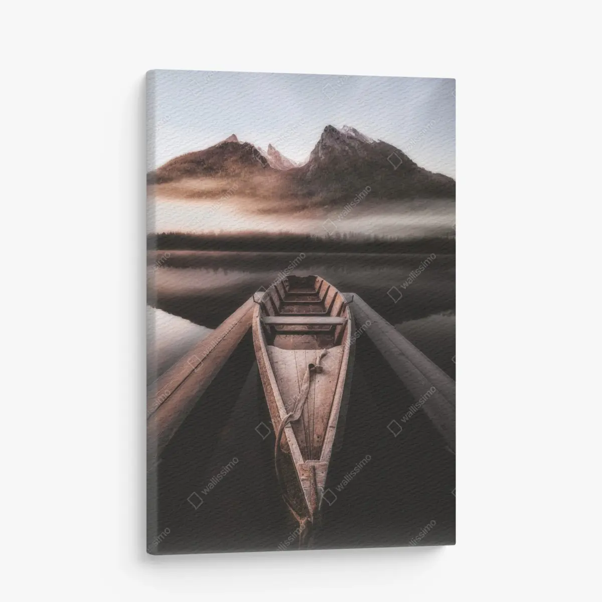 Leinwandbild nebliges boot am bergsee – Pixers®
