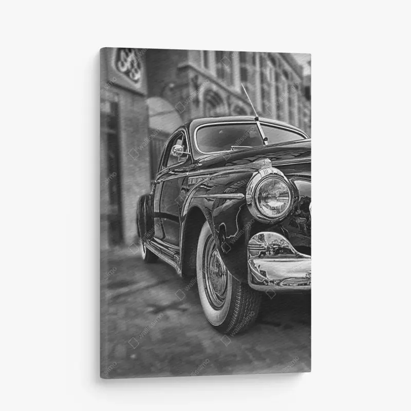 Leinwandbild vintage klassisches auto auf kopfsteinpflaster