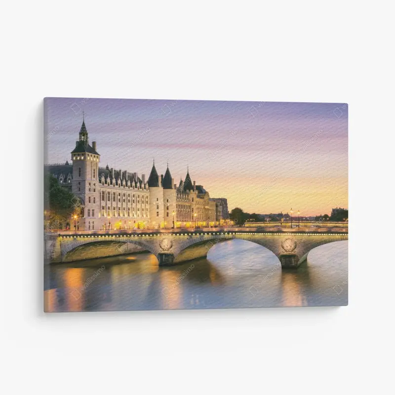 Leinwandbild Paris sonnenuntergang über der historischen brücke