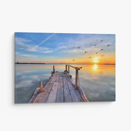 Leinwandbild sonnenuntergang am hölzernen steg – Pixers®