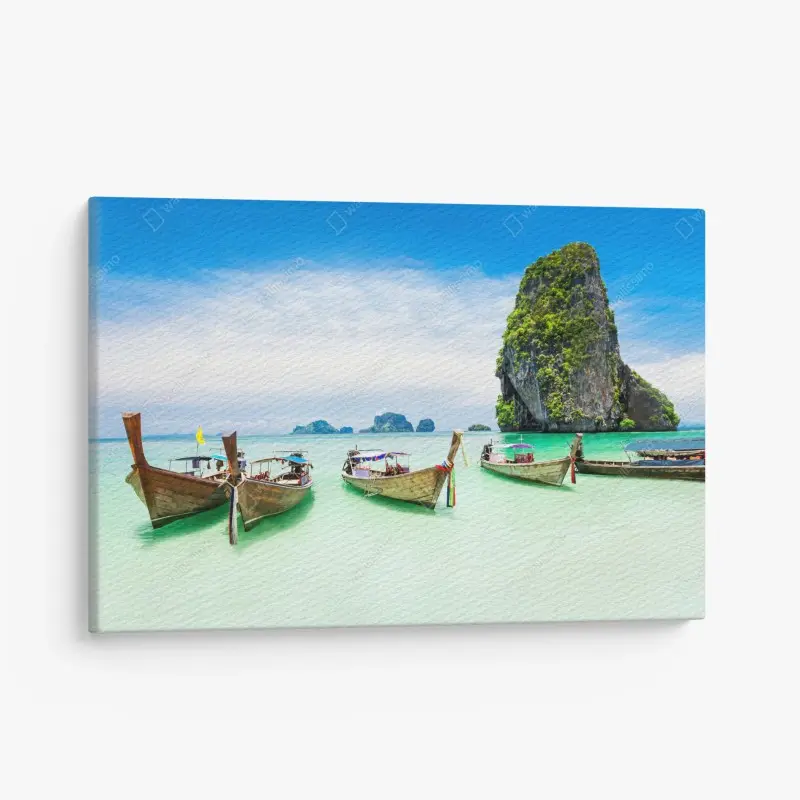 Leinwandbild tropische longtail-boote am türkisfarbenen strand