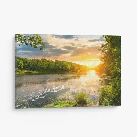 Leinwandbild ruhiger sonnenuntergang am fluss im grünen wald – Pixers®