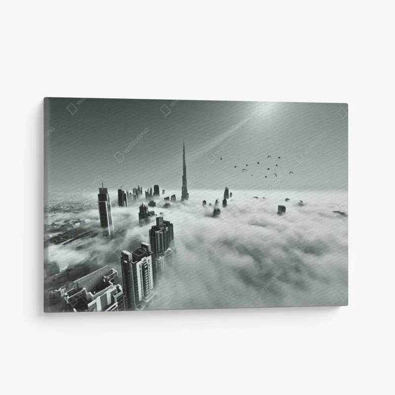 Leinwandbild neblige skyline von Dubai über den wolken