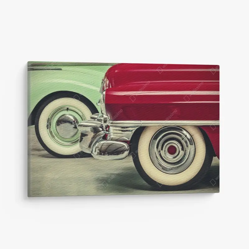 Leinwandbild nahaufnahme klassischer autos in rot und mint