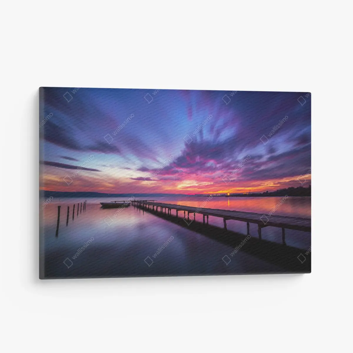 Leinwandbild sonnenuntergang über ruhigem see mit hölzernem steg – Pixers®