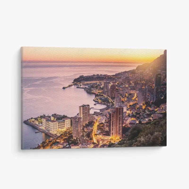 Leinwandbild sonnenuntergang über der städtischen küstenlinie