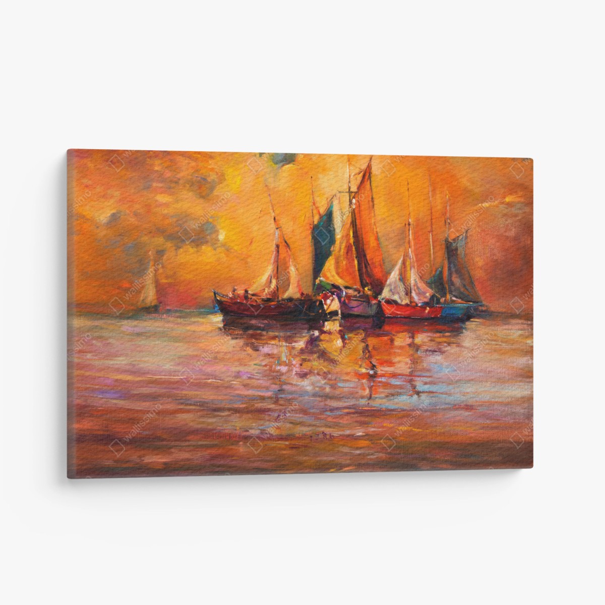 Leinwandbild goldener sonnenuntergang mit segelbooten – Pixers®