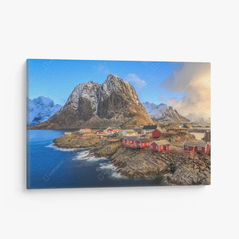 Leinwandbild küstendorf in Norwegen mit roten fischerhütten