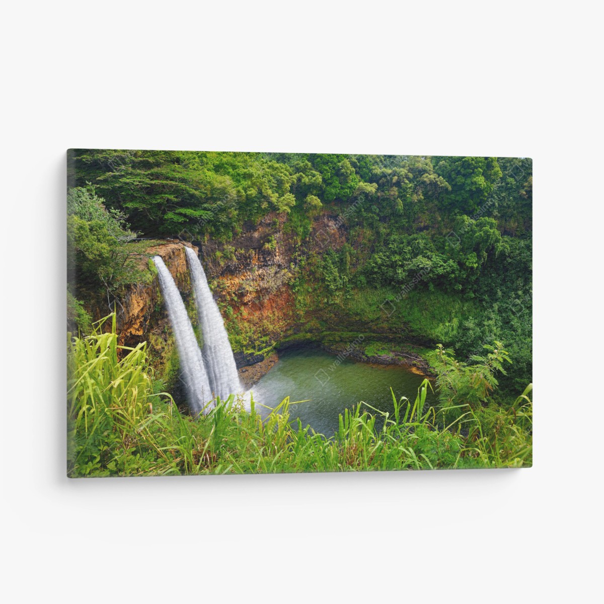 Leinwandbild doppelter wasserfall im üppig grünen wald – Pixers®