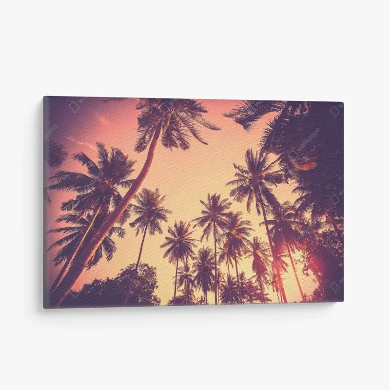 Leinwandbild vintage tropischer sonnenuntergang mit palmen